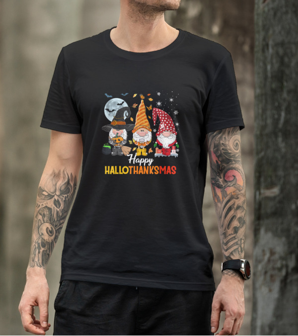 Happy HalloThanksMas Gnomes Halloween Merry Christmas T-Shirt
