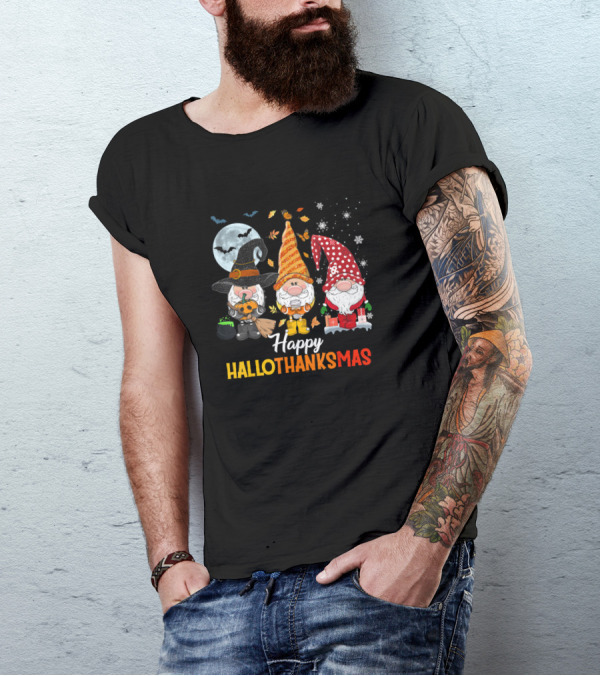 Happy HalloThanksMas Gnomes Halloween Merry Christmas T-Shirt