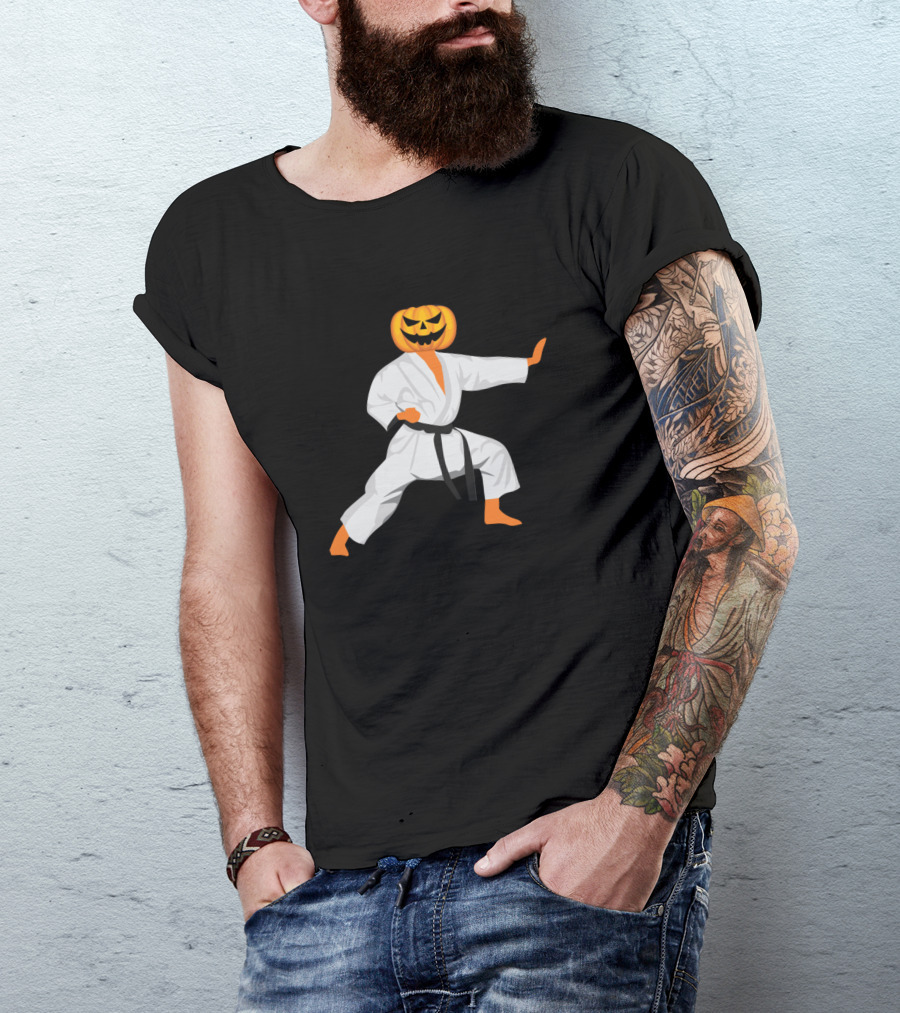 Karate Fighter With Pumpkin Head Halloween Scary T-Shirt