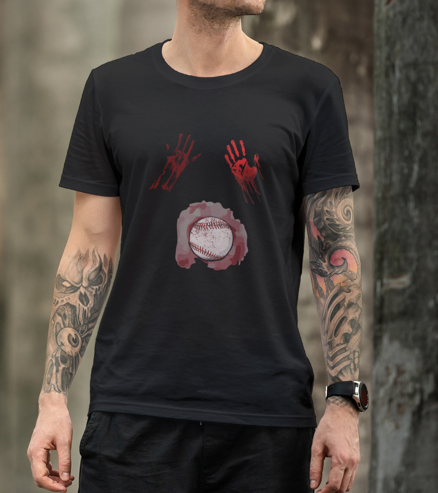 Halloween Zombie Baseball Player Bloody Handprints Baseball Zombie T-Shirt