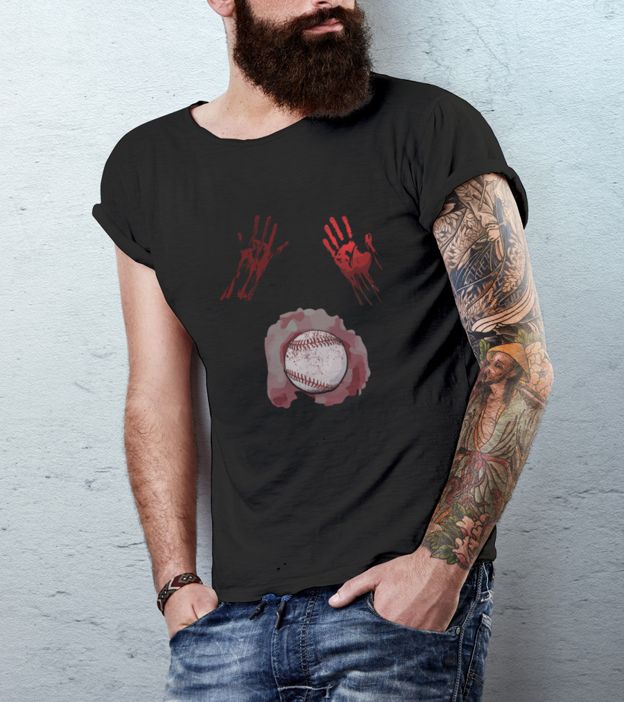 Halloween Zombie Baseball Player Bloody Handprints Baseball Zombie T-Shirt