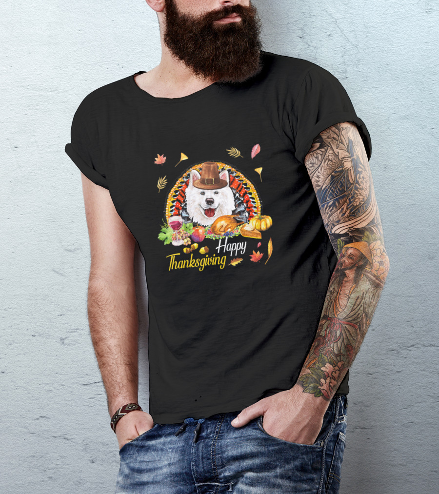 Happy Thanksgiving Samoyed Dog Pilgrim Hat Autumn Feast T-Shirt