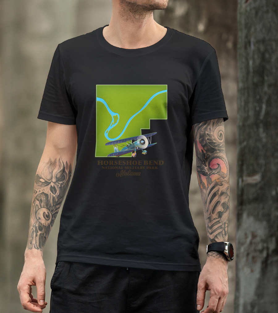 Horseshoe Bend National Military Park Alabama With Airplane And River Map T-Shirt
