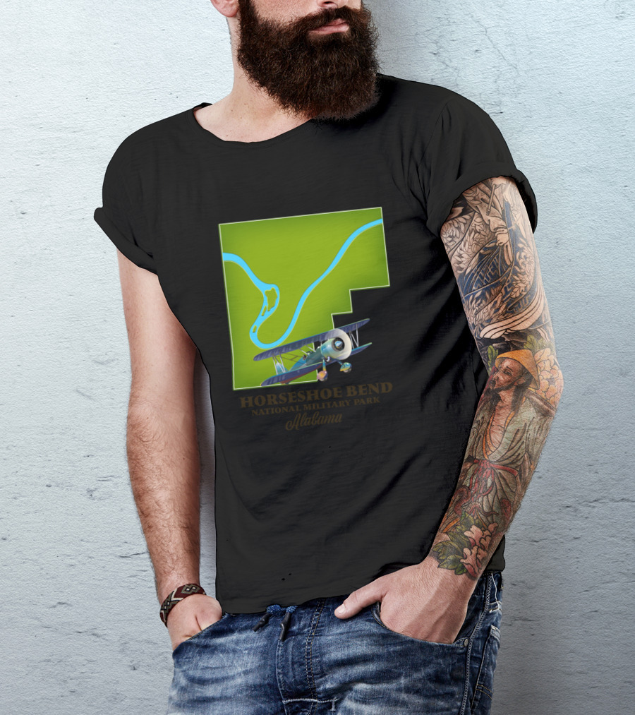 Horseshoe Bend National Military Park Alabama With Airplane And River Map T-Shirt