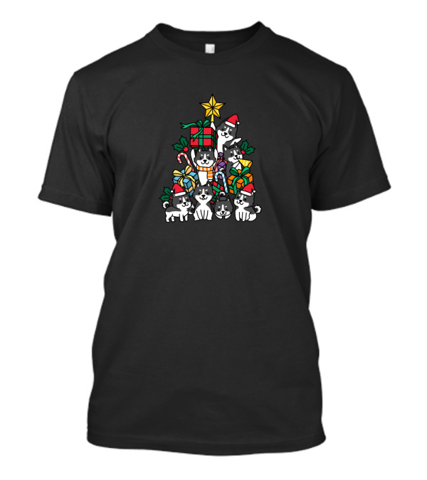 Husky Puppies Stacked As Festive Christmas Tree With Gifts And Stars T-Shirt