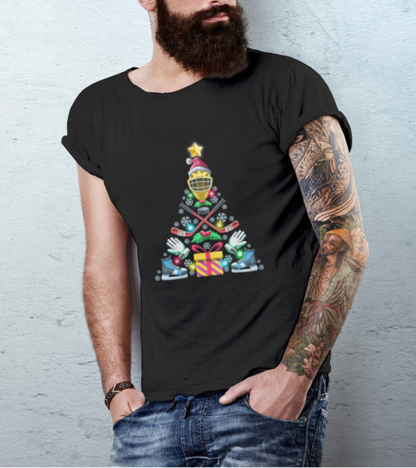 Ice Hockey Christmas Tree With Ornaments And Skates T-Shirt