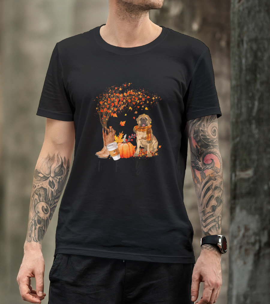 It's Fall Y'all Mastiff Dog With Autumn Leaves Pumpkin Coffee And Cowboy Boots T-Shirt