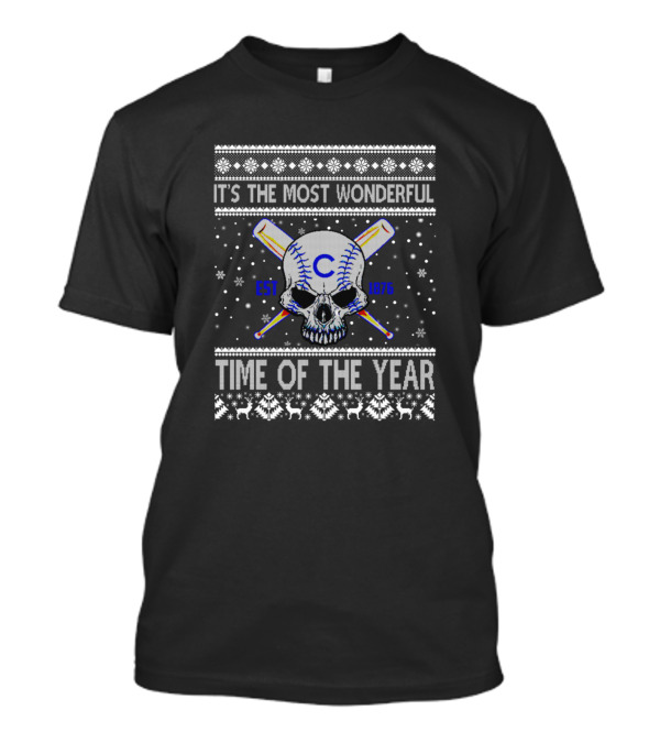 It's The Most Wonderful Time Of The Year Chicago Cubs Baseball Skull Est 1876 Ugly Christmas T-Shirt