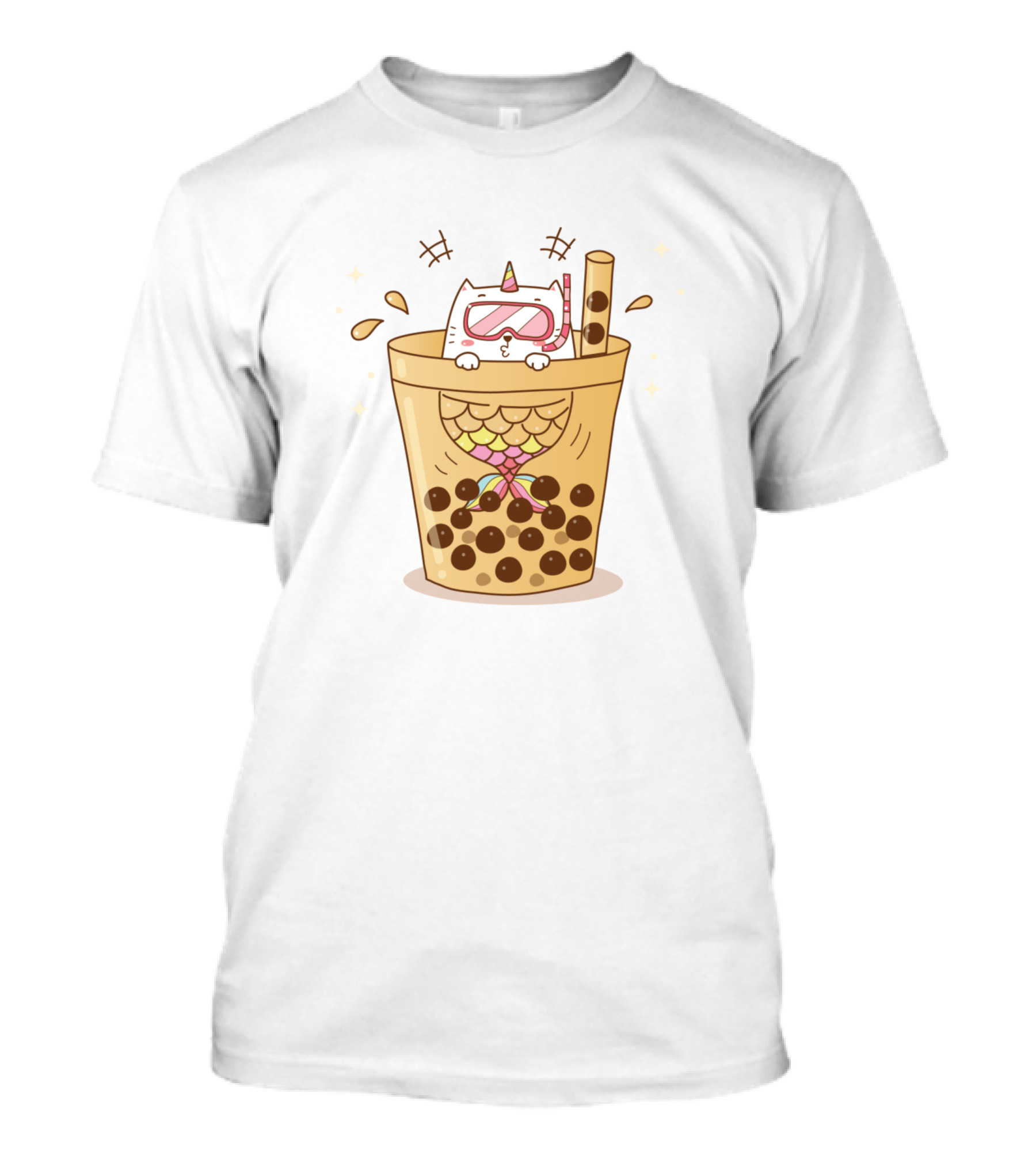 Kawaii Mermaid Cat In Bubble Tea Boba Beverage With Diving Gear T-Shirt