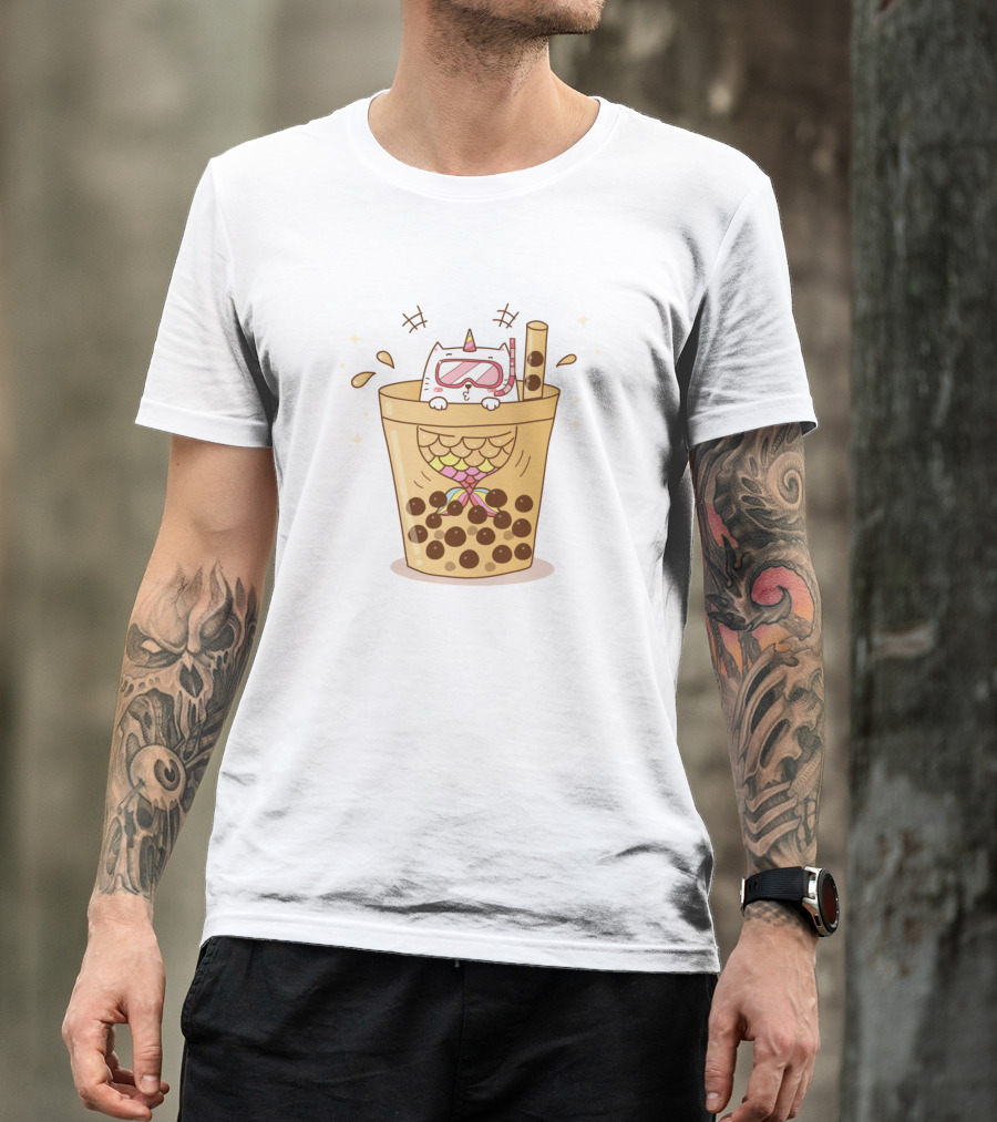 Kawaii Mermaid Cat In Bubble Tea Boba Beverage With Diving Gear T-Shirt