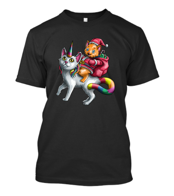 Meowy Xmas Cat Christmas Santa Caticorn Unicorn Rainbow Riding Cat With Gifts T-Shirt