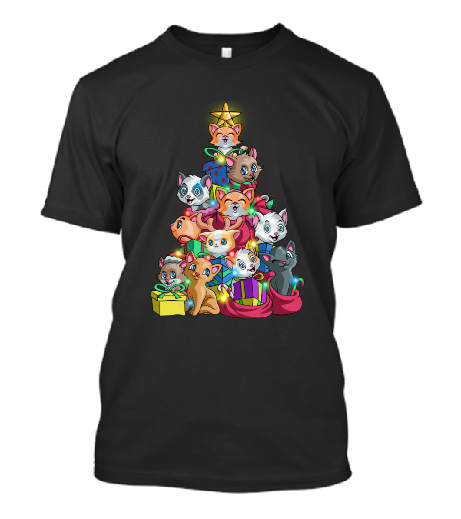 Meowy Xmas Funny Cat Tree Ugly Christmas Lights Cat Stack With Star And Presents T-Shirt