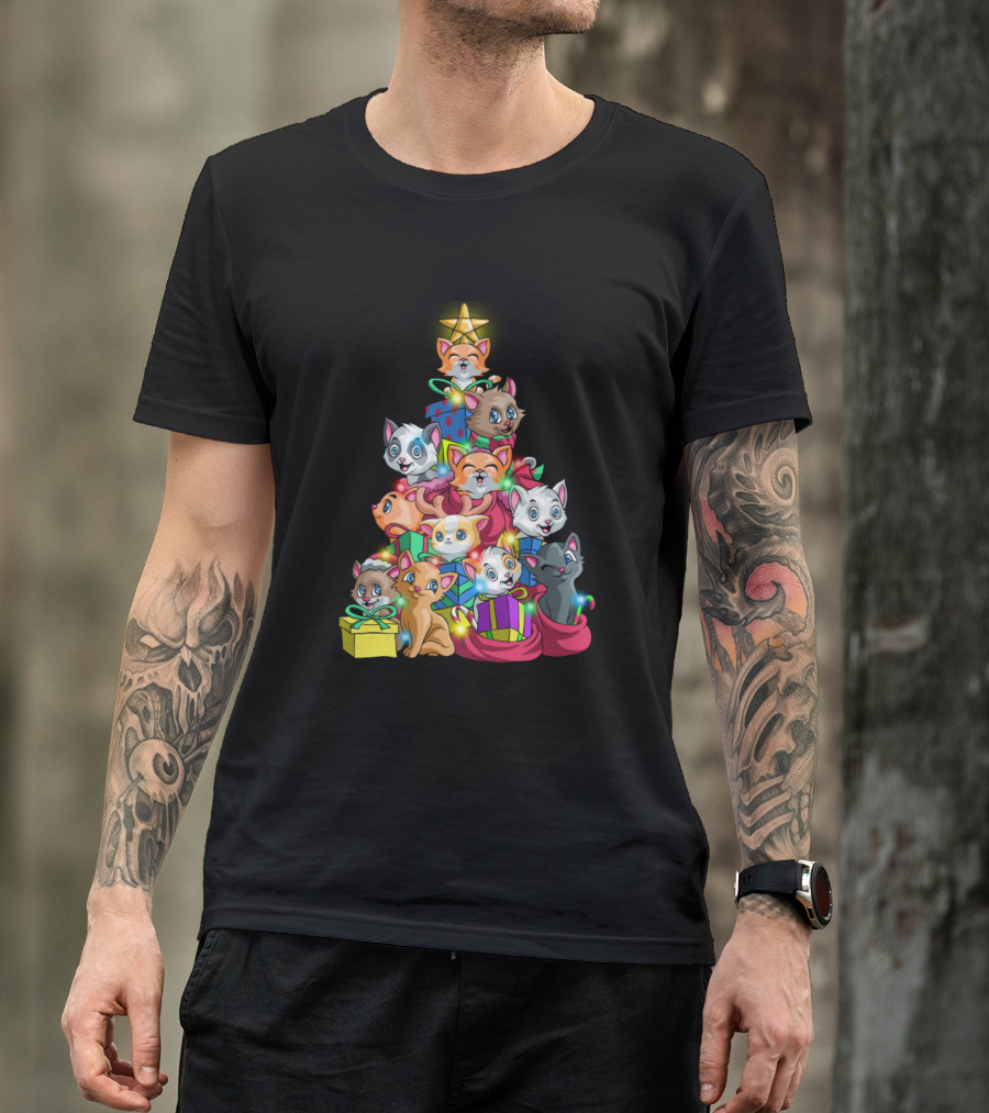 Meowy Xmas Funny Cat Tree Ugly Christmas Lights Cat Stack With Star And Presents T-Shirt