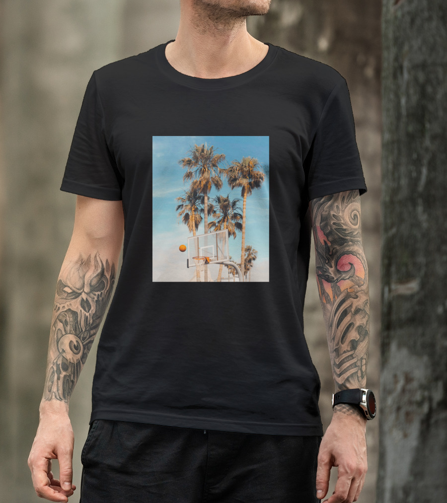 Photograph Of Palm Trees With Basketball Hoop And Basketball In Midair T-Shirt