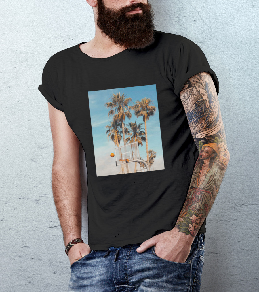Photograph Of Palm Trees With Basketball Hoop And Basketball In Midair T-Shirt