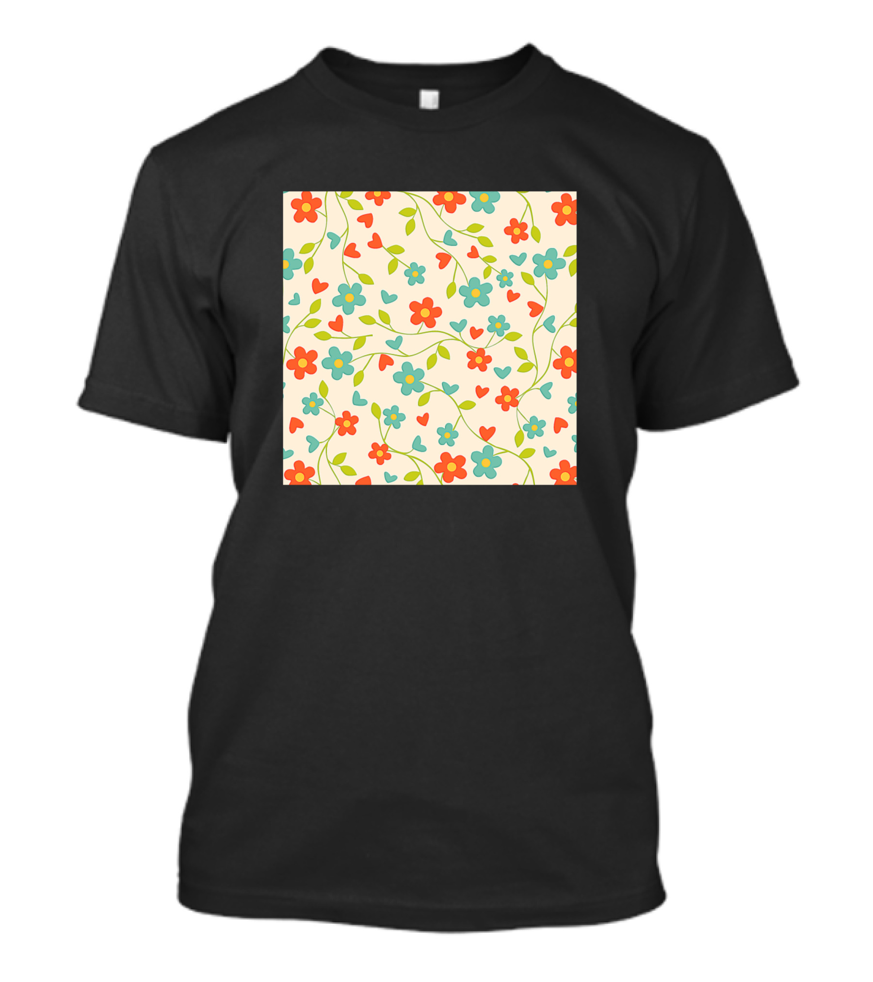 Red And Blue Floral Pattern With Green Leaves And Hearts T-Shirt