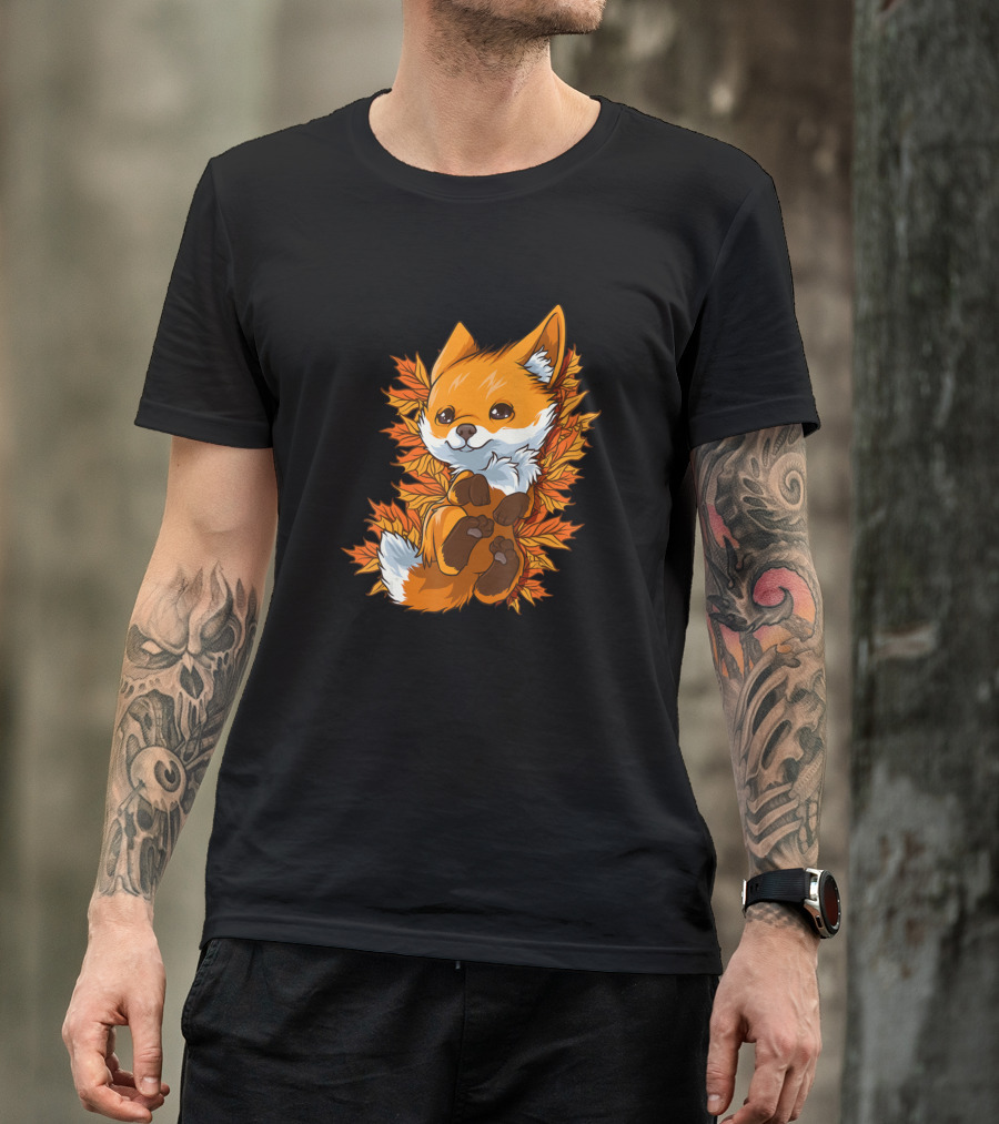 Red Fox Baby In Autumn Fall Leaves Forest Animal T-Shirt