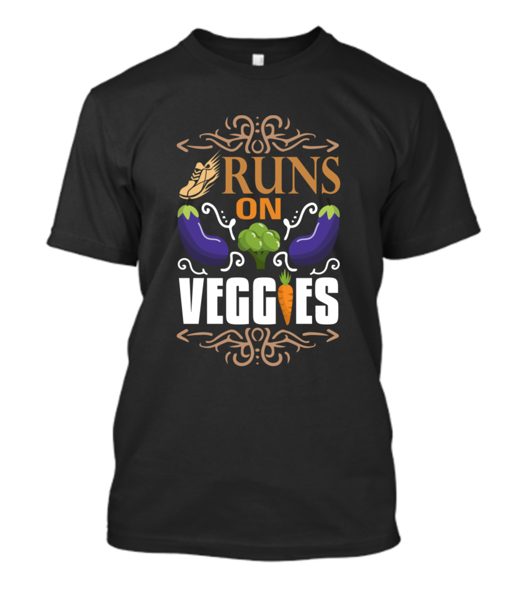 Runs On Veggies Carrot Broccoli Eggplant Motif With Running Shoe T-Shirt