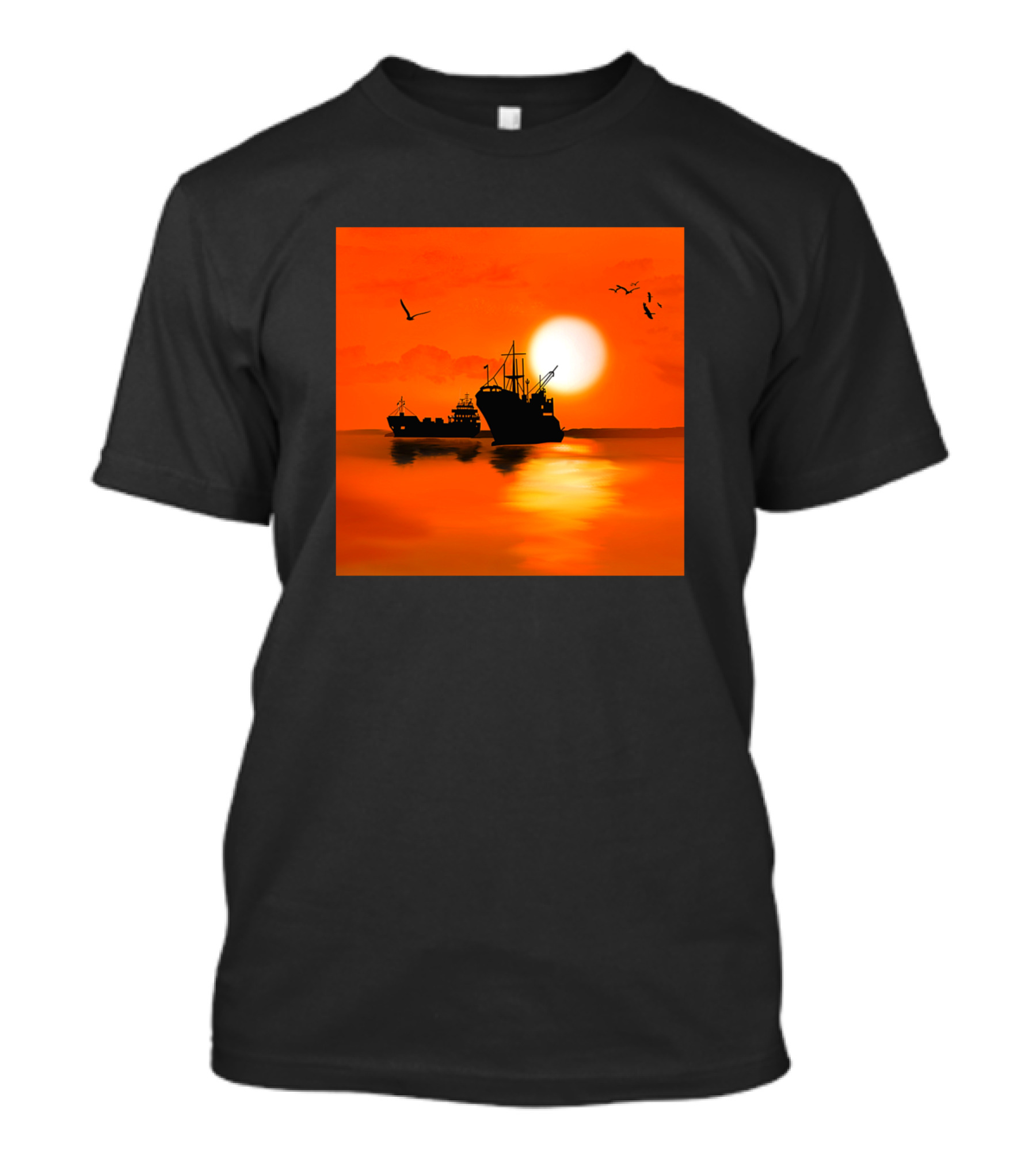 Sunset Seascape With Sailing Ships And Birds T-Shirt