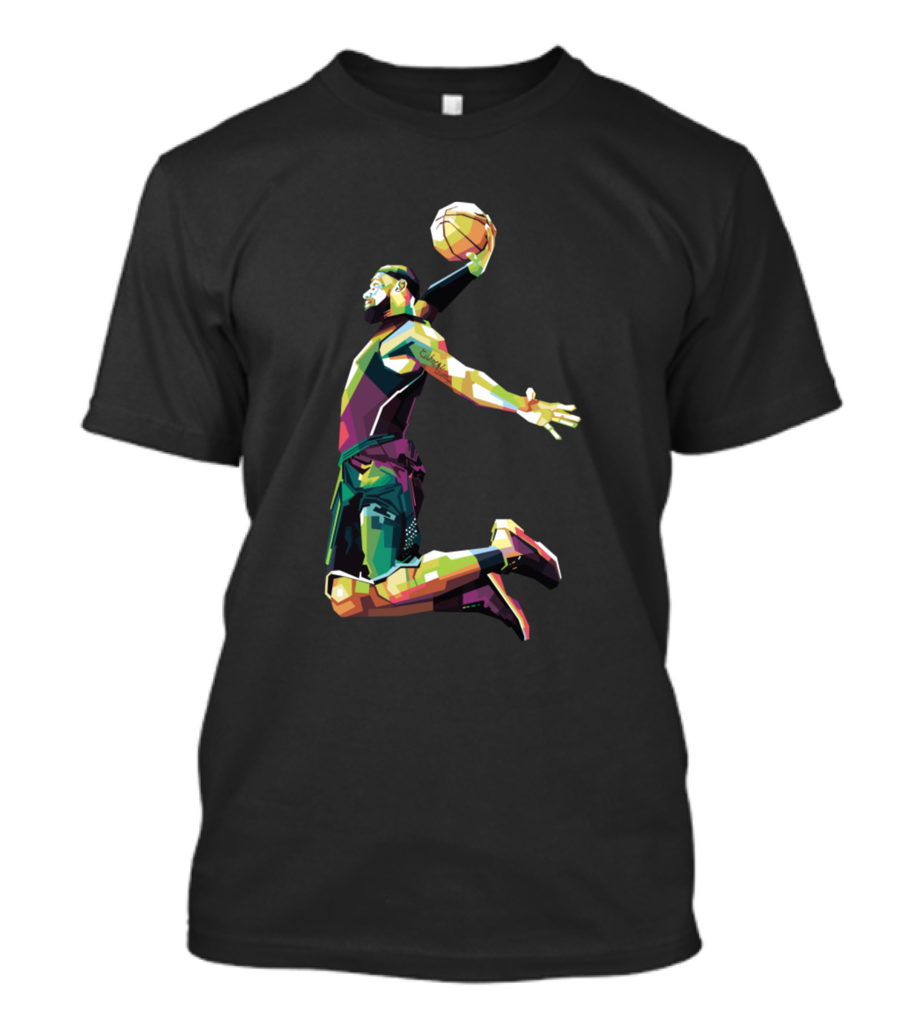 Slam Dunk Basketball Player In Vibrant Geometric T-Shirt