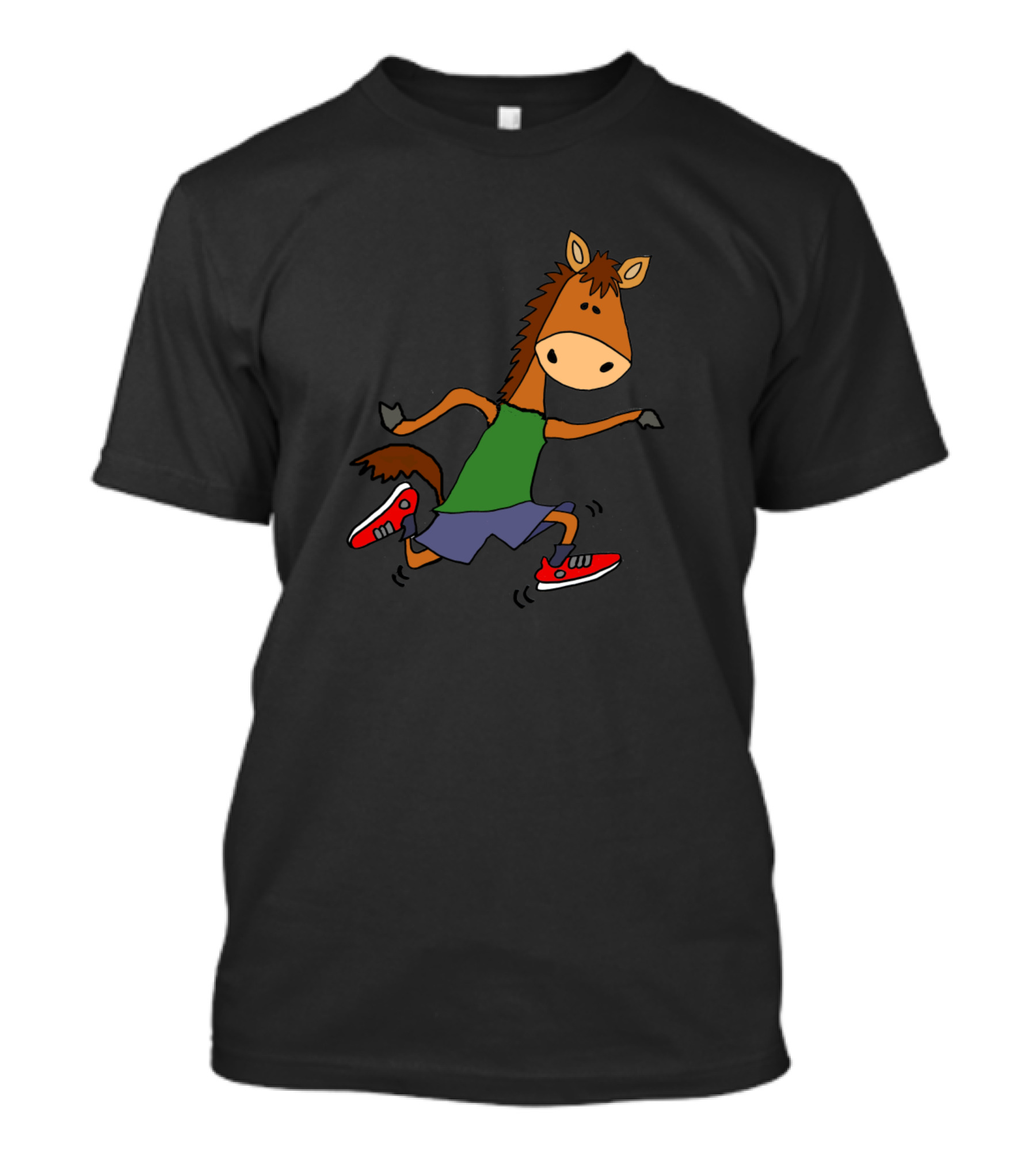Smilealottees Cute Horse Jogging Cartoon Green Shirt Red Sneakers T-Shirt