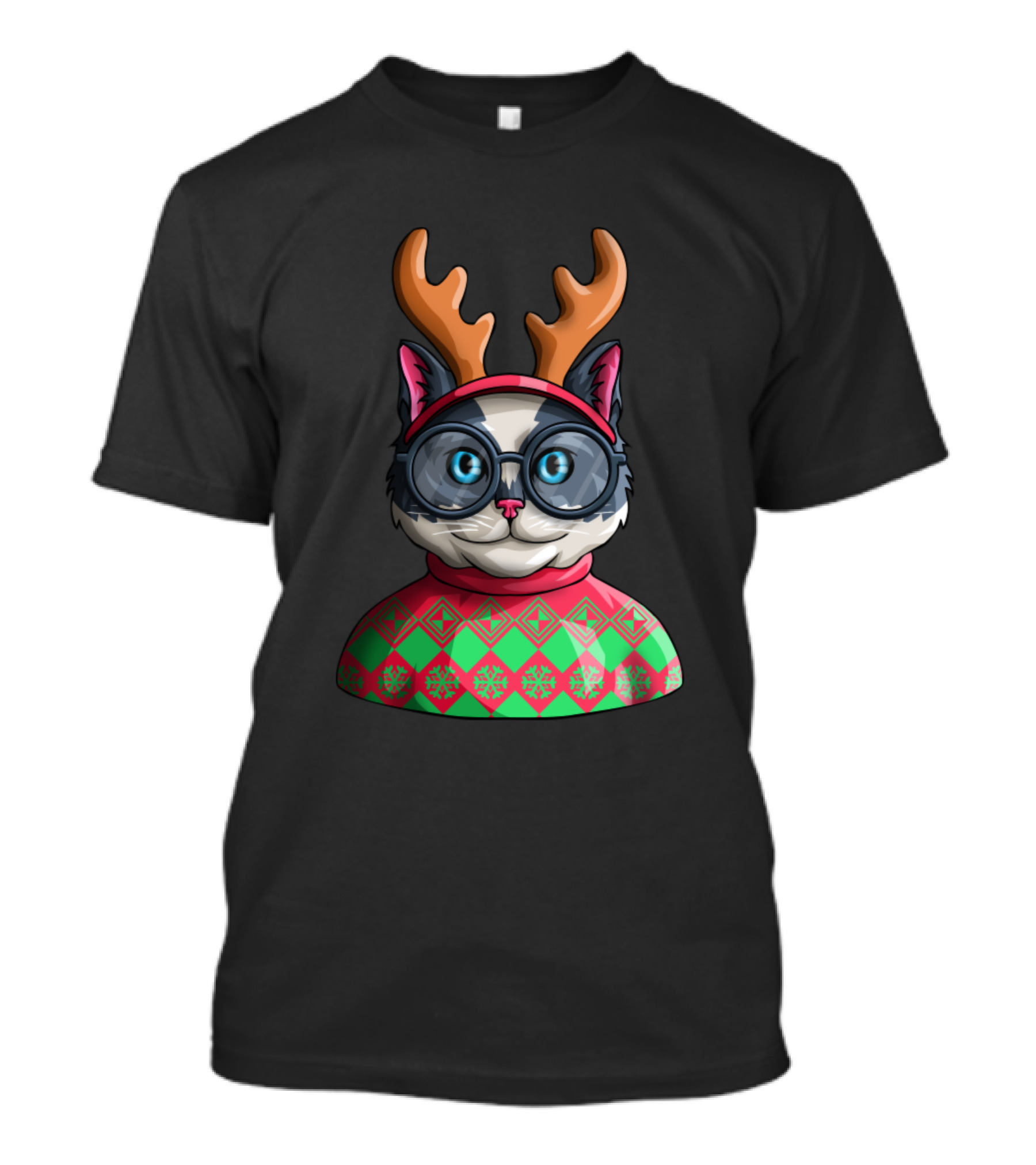 Ugly Christmas Cat Kitty Meeowee Catmas Reindeer Antlers Sweater Glasses T-Shirt