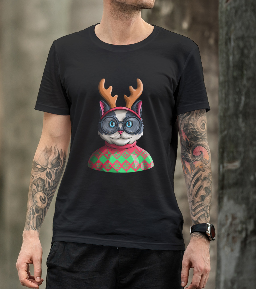 Ugly Christmas Cat Kitty Meeowee Catmas Reindeer Antlers Sweater Glasses T-Shirt