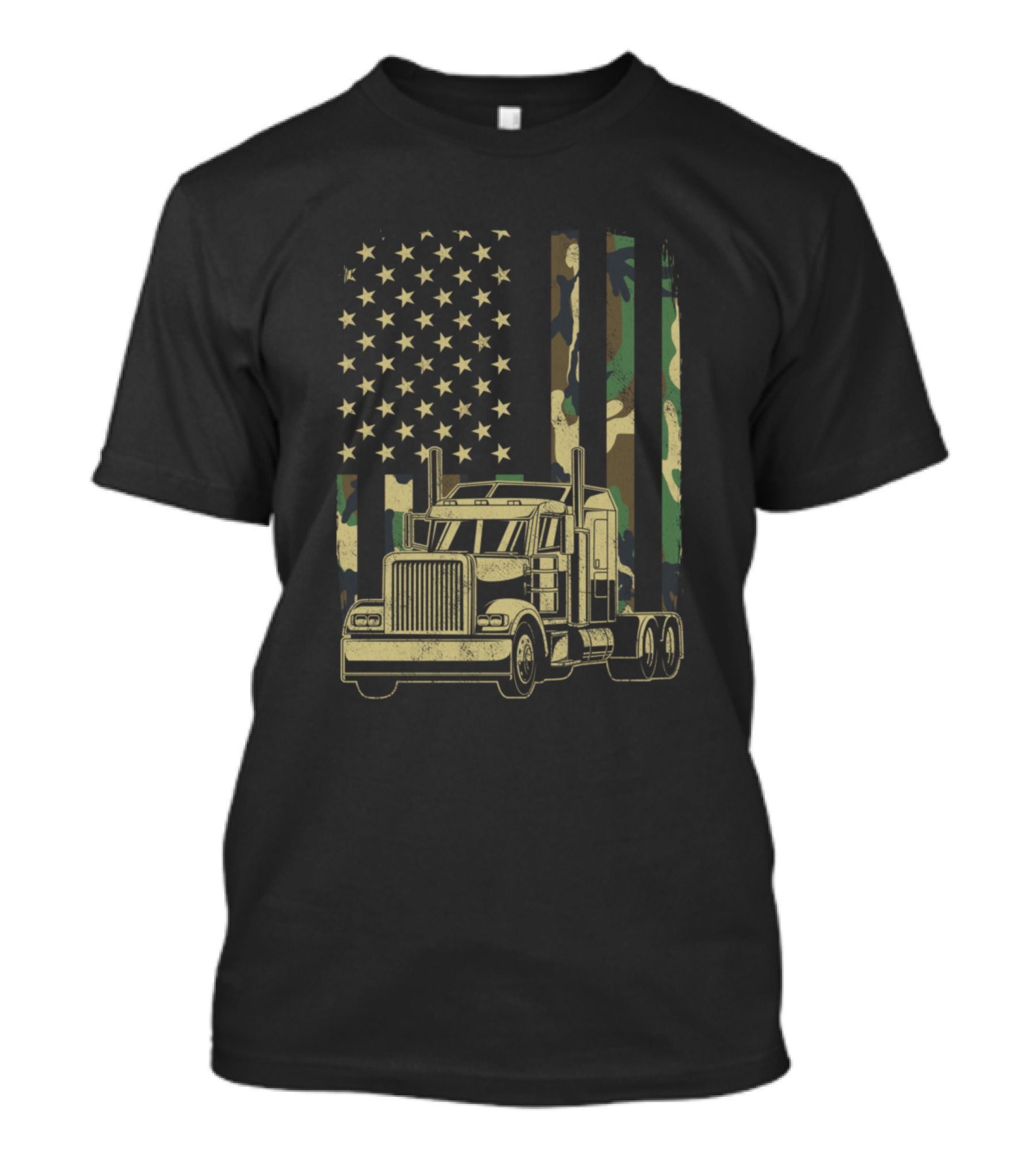 Vintage Camouflage American Flag Semi-Truck T-Shirt