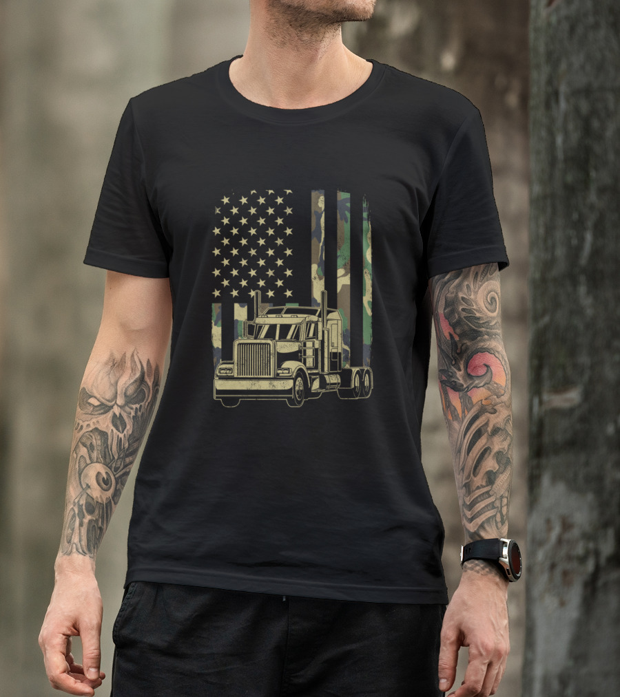 Vintage Camouflage American Flag Semi-Truck T-Shirt