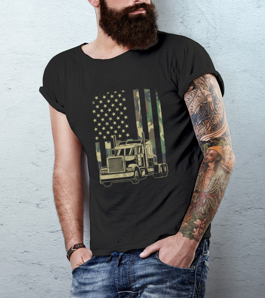 Vintage Camouflage American Flag Semi-Truck T-Shirt