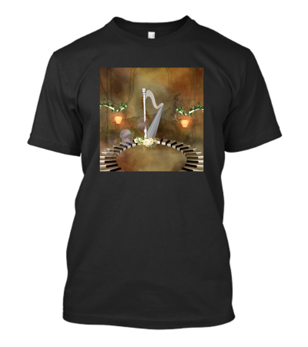 Wonderful Harp Surrounded By Enchanted Garden And Piano Keys T-Shirt