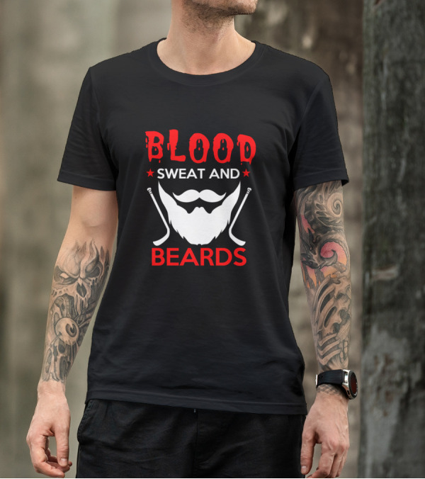 Blood Sweat And Beards Awesome Beard Lover With Mustache And Hockey Sticks T-Shirt