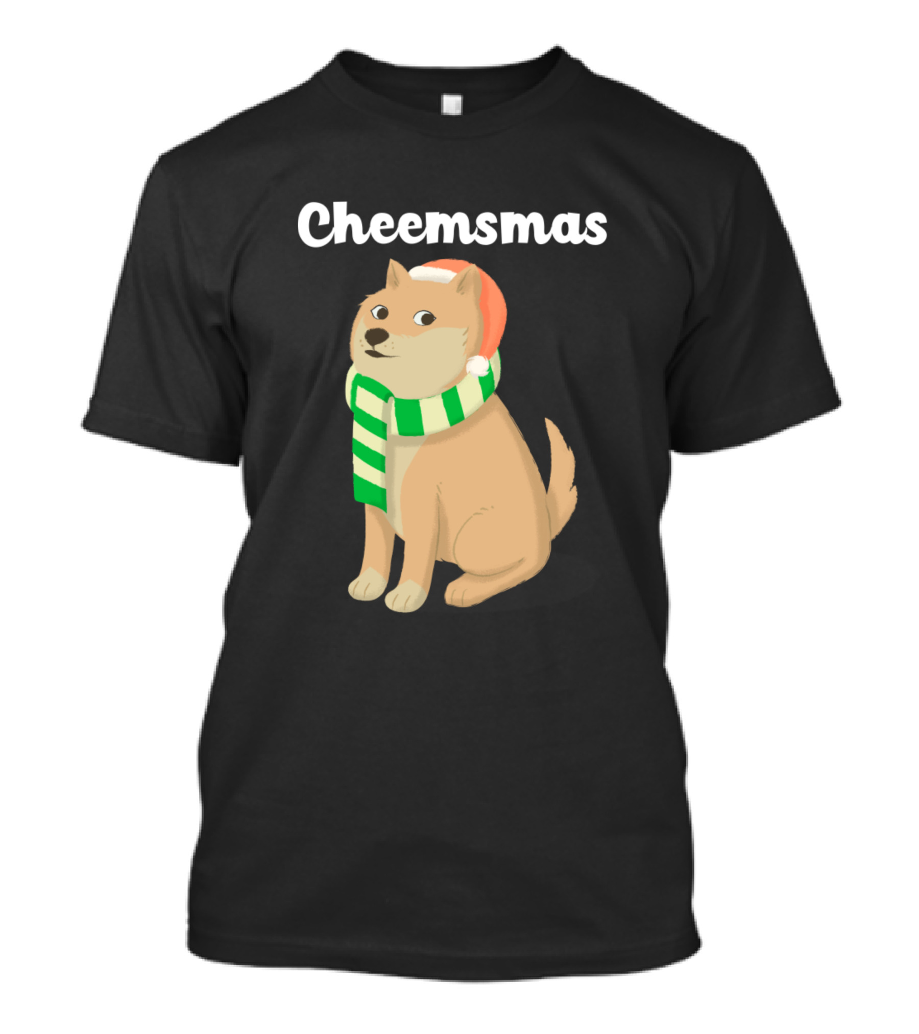 Cheemsmas Dog With Santa Hat And Green Striped Scarf T-Shirt