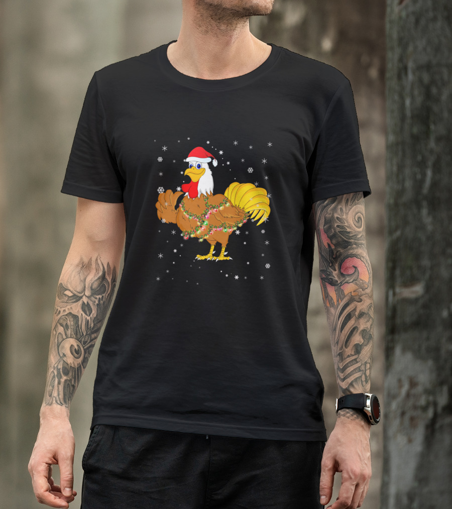 Christmas Rooster With Santa Hat And Holiday Lights T-Shirt