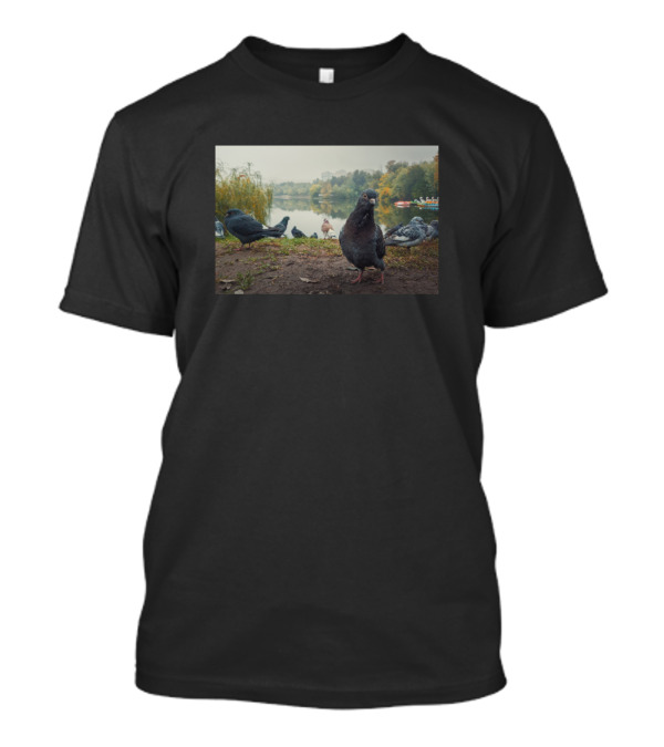 Curious Pigeon Lake Scene With Pigeons And Autumn Trees T-Shirt