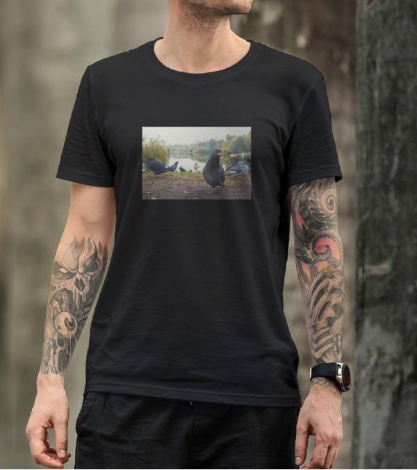 Curious Pigeon Lake Scene With Pigeons And Autumn Trees T-Shirt