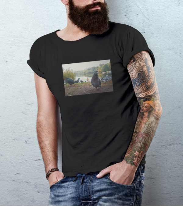 Curious Pigeon Lake Scene With Pigeons And Autumn Trees T-Shirt