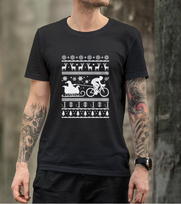 Cycling Christmas Ugly Sweater Reindeer Santa Sleigh Snowflakes T-Shirt