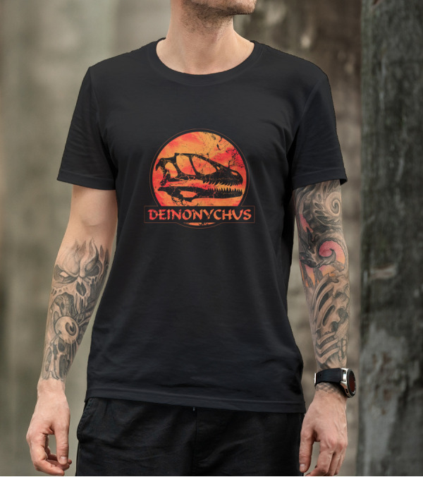 DEINONYCHUS Dinosaur Skull Silhouette In Prehistoric Jurassic Circle T-Shirt