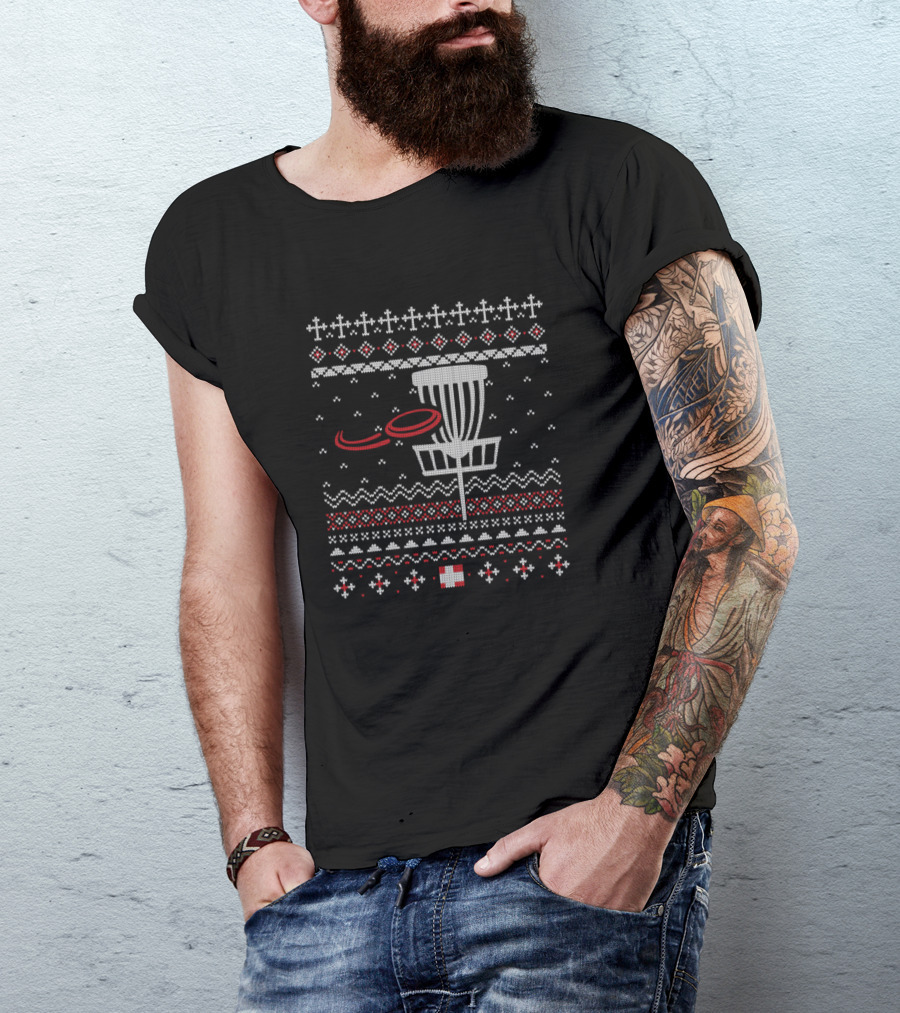 Disc Golf Basket Frisbee Golf Flying Disc Ugly Christmas T-Shirt