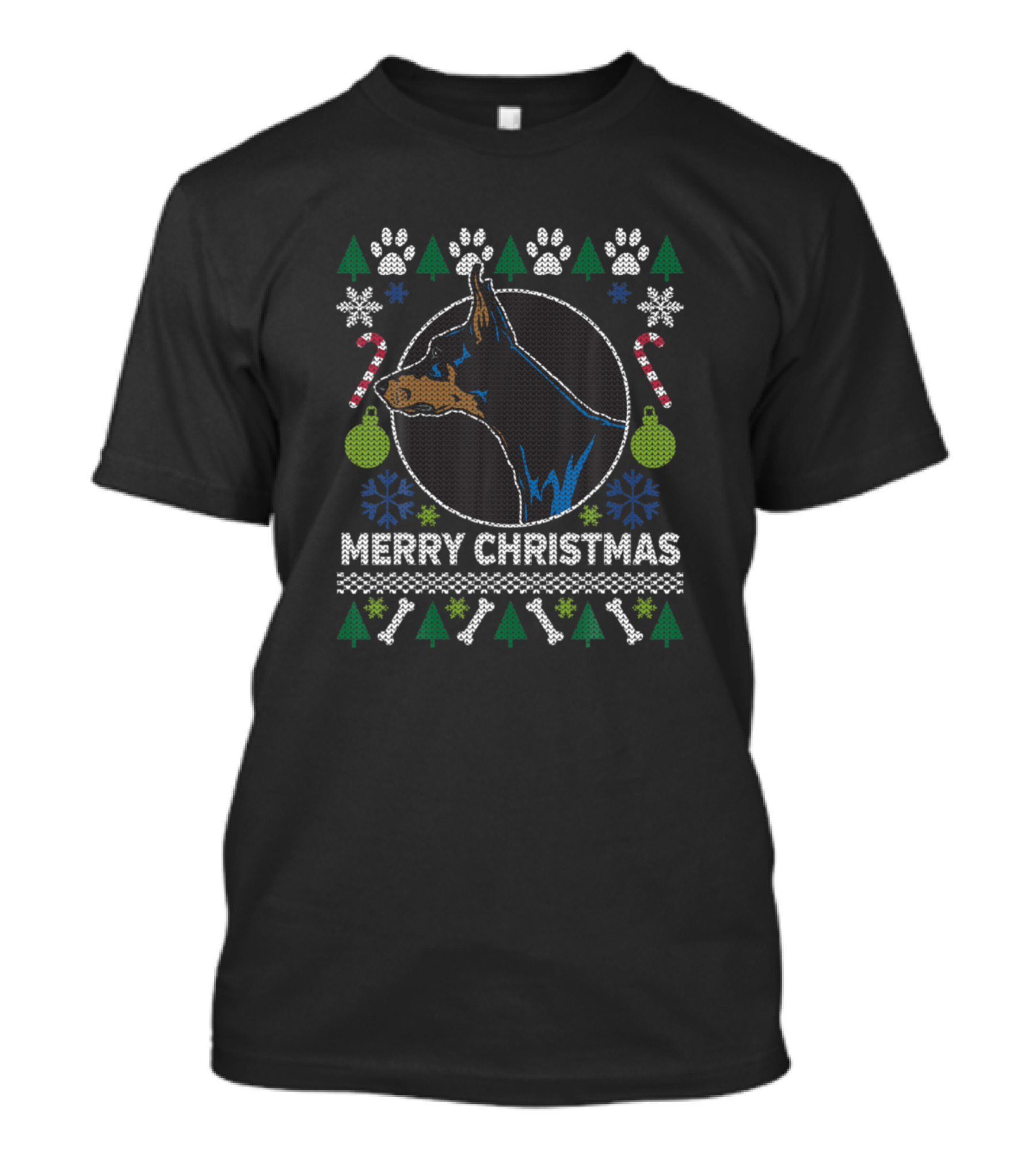 Doberman Pinscher Merry Christmas Ugly Xmas Dog Paw Trees Candy Canes T-Shirt