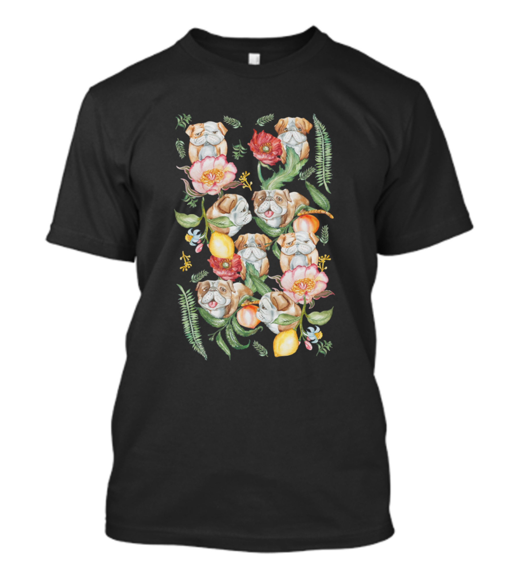 English Bulldog Flowers Ferns Lemons Botanical T-Shirt