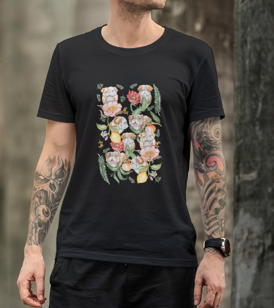English Bulldog Flowers Ferns Lemons Botanical T-Shirt