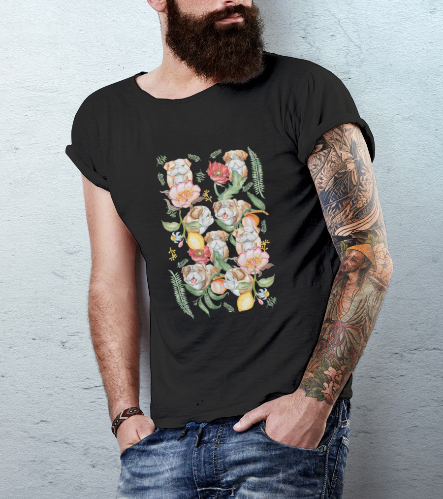 English Bulldog Flowers Ferns Lemons Botanical T-Shirt
