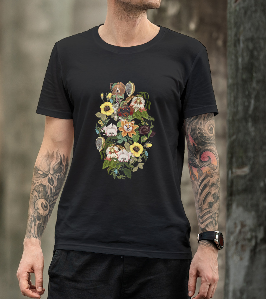 Dog Botanical Puppies Floral Arrangement T-Shirt
