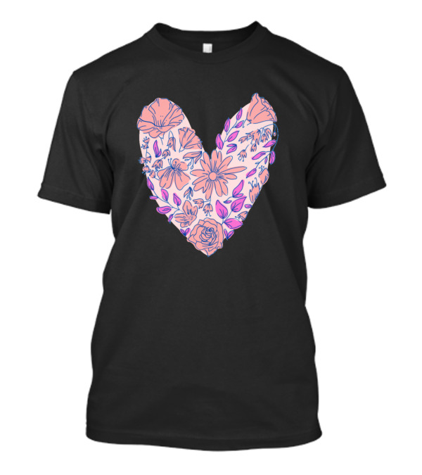 Floral Heart Botanical Design With Pink And Purple Blossoms T-Shirt