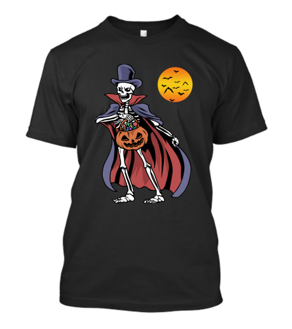 Halloween Vampire Pumpkin Scary Costume Ske Skeleton With Candy And Moon Bats T-Shirt