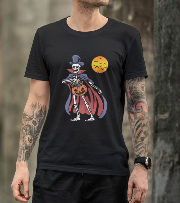 Halloween Vampire Pumpkin Scary Costume Ske Skeleton With Candy And Moon Bats T-Shirt