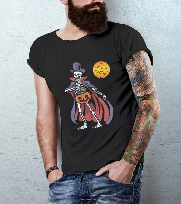 Halloween Vampire Pumpkin Scary Costume Ske Skeleton With Candy And Moon Bats T-Shirt