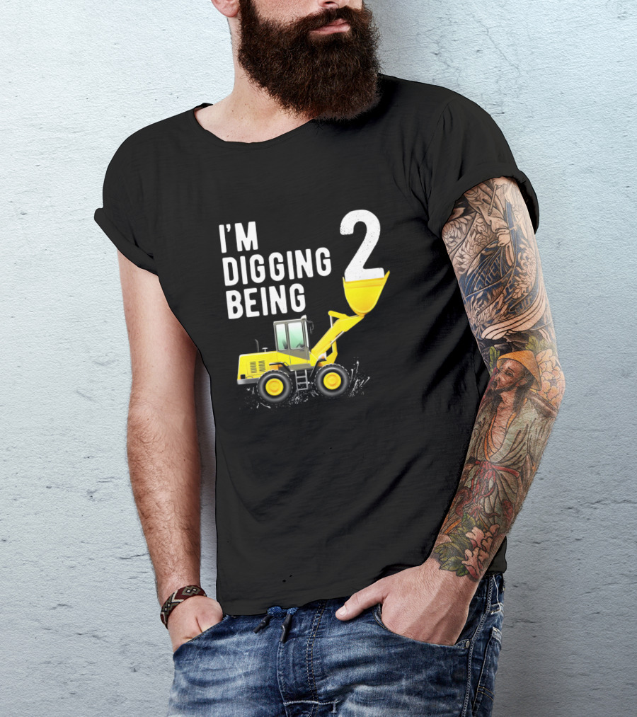 I'm Digging Being 2 Kids 2nd Birthday Boy Bulldozer Construction T-Shirt